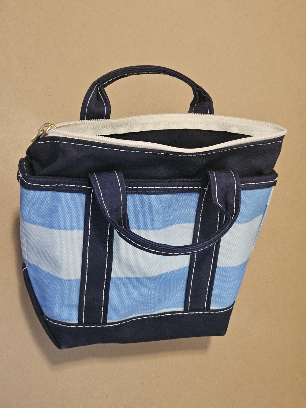LL Bean Boat and Tote Rugby Stripe Zippered Tote Bag in Navy and Light Blue